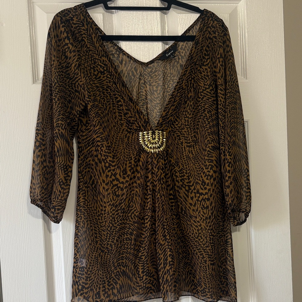 Express Brown and Black Animal-Print V-Neck Tunic with Center Embellishment